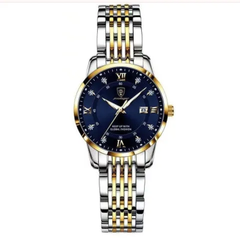 Men's quartz watch with 43mm round dial, sapphire crystal, stainless steel strap, blue face, luminous hands and calendar display