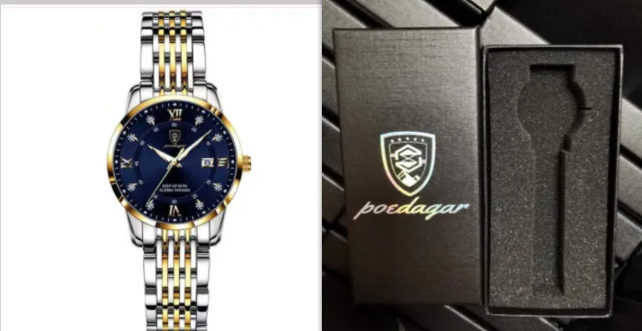 Men's quartz watch with 43mm round dial, sapphire crystal, stainless steel strap, blue face, luminous hands and calendar display