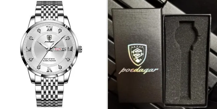 Men's quartz watch with 43mm round dial, sapphire crystal, stainless steel strap, blue face, luminous hands and calendar display