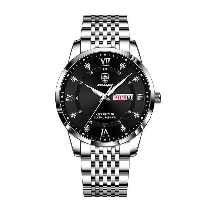 Men's quartz watch with 43mm round dial, sapphire crystal, stainless steel strap, blue face, luminous hands and calendar display