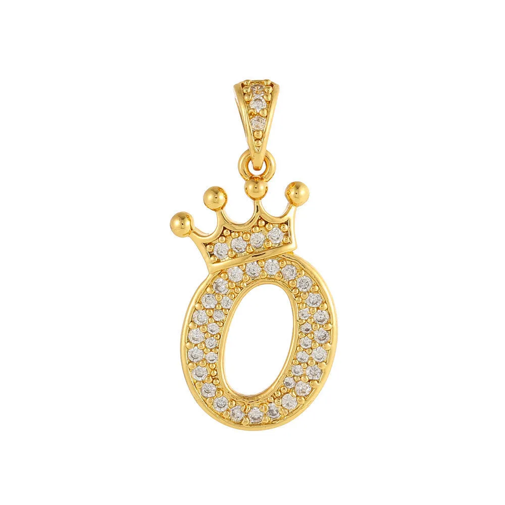 Gold plated copper letter A pendant with inlaid zircon crown and diamond cut surface on white background