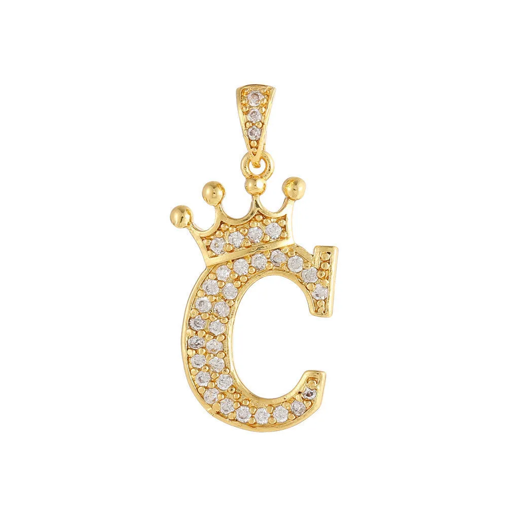 Gold plated copper letter A pendant with inlaid zircon crown and diamond cut surface on white background