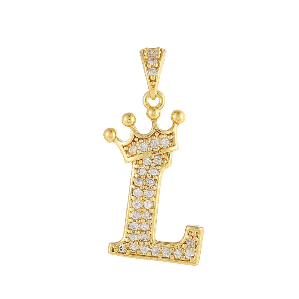 Gold plated copper letter A pendant with inlaid zircon crown and diamond cut surface on white background