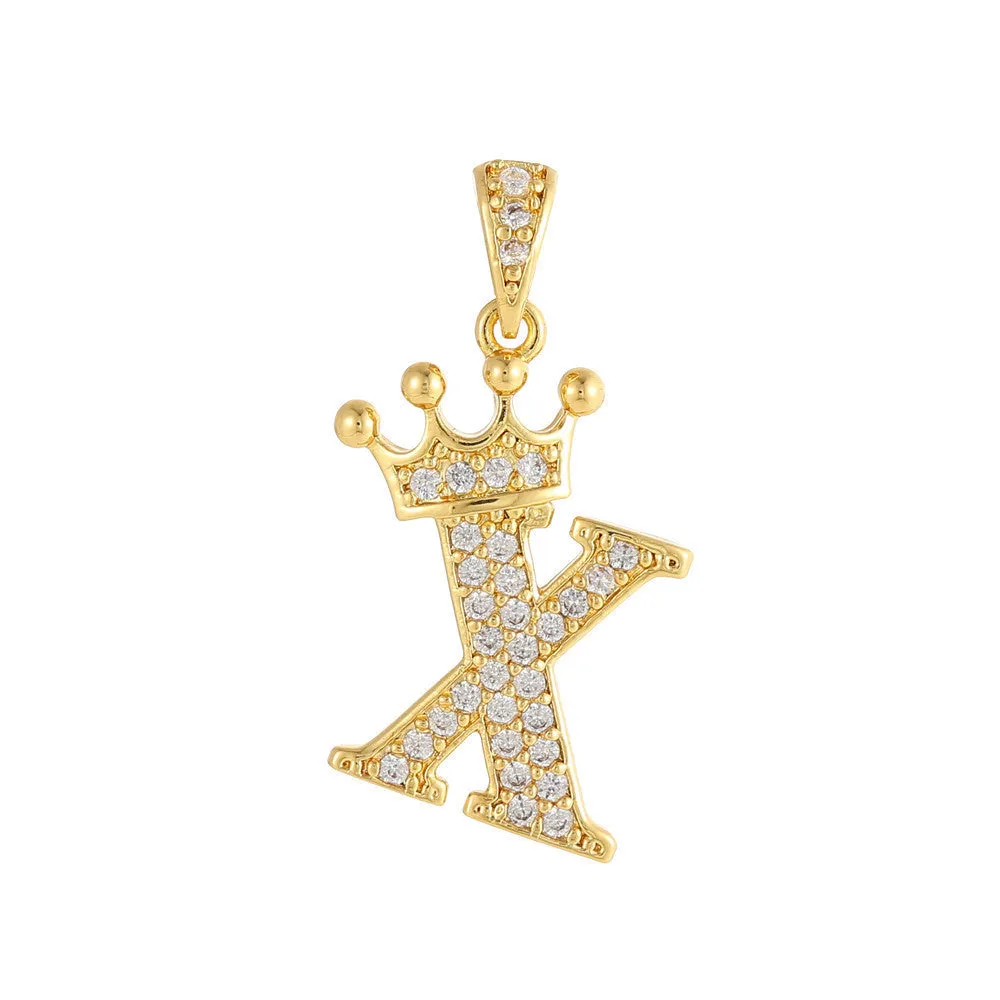 Gold plated copper letter A pendant with inlaid zircon crown and diamond cut surface on white background