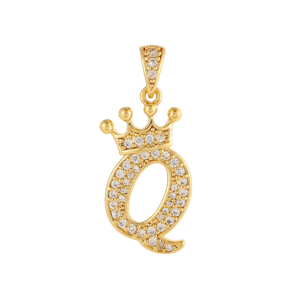 Gold plated copper letter A pendant with inlaid zircon crown and diamond cut surface on white background