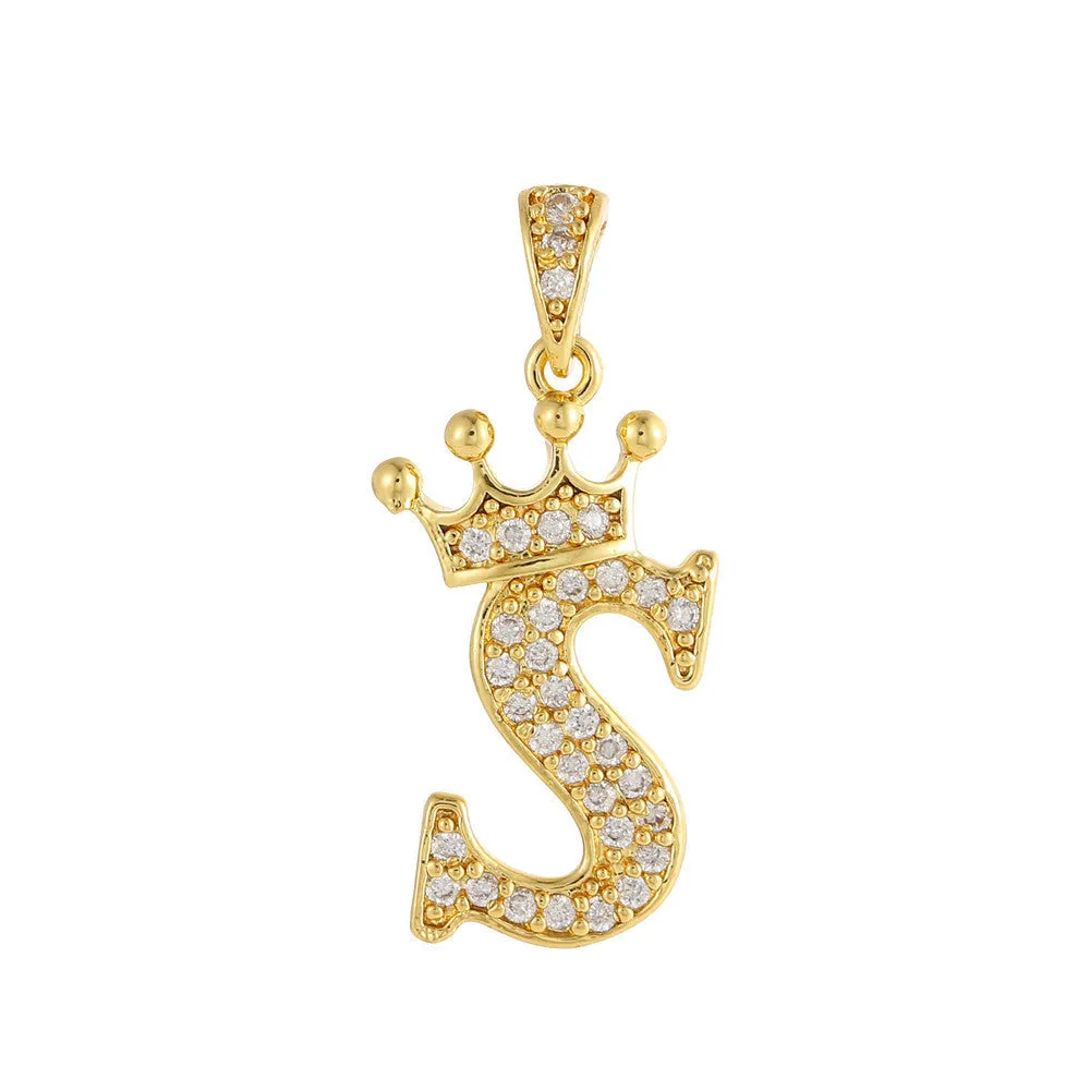 Gold plated copper letter A pendant with inlaid zircon crown and diamond cut surface on white background