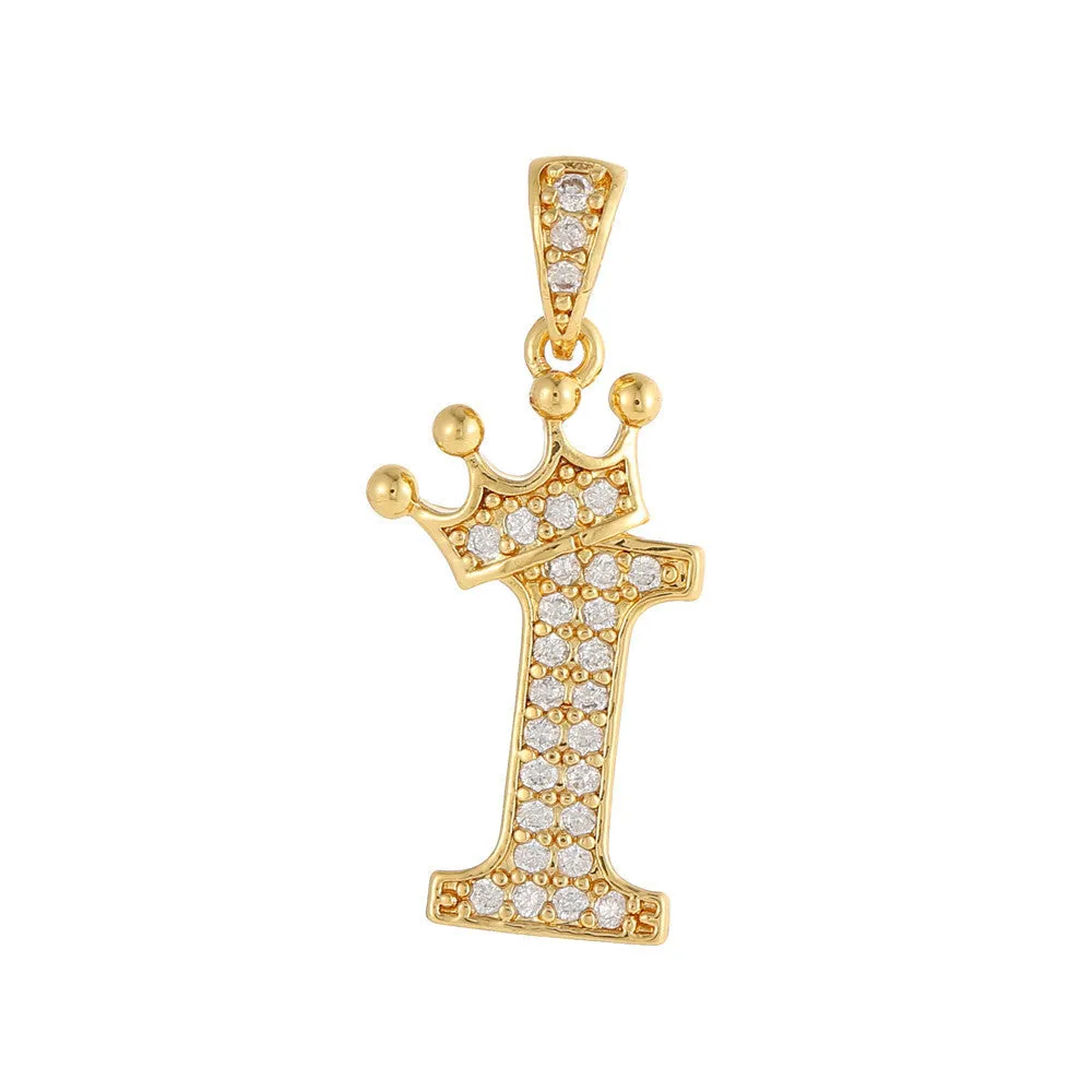Gold plated copper letter A pendant with inlaid zircon crown and diamond cut surface on white background