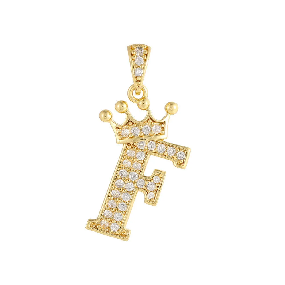 Gold plated copper letter A pendant with inlaid zircon crown and diamond cut surface on white background
