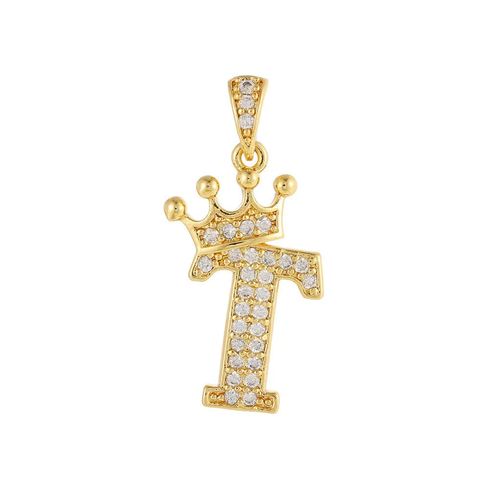 Gold plated copper letter A pendant with inlaid zircon crown and diamond cut surface on white background