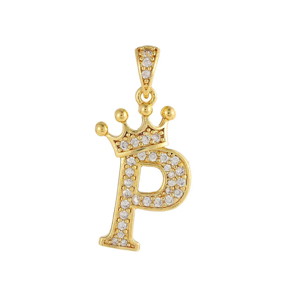 Gold plated copper letter A pendant with inlaid zircon crown and diamond cut surface on white background