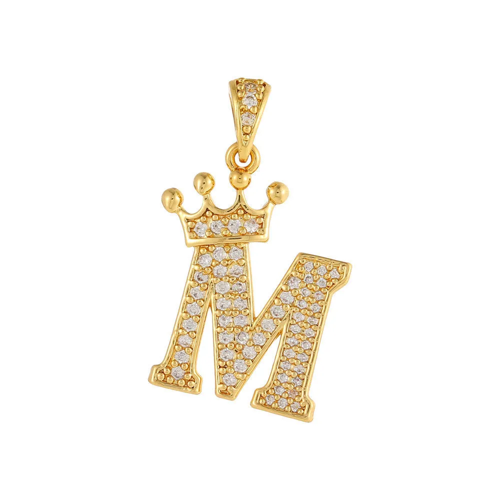 Gold plated copper letter A pendant with inlaid zircon crown and diamond cut surface on white background