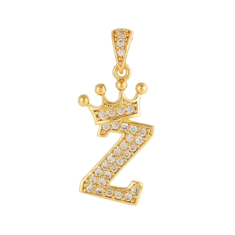Gold plated copper letter A pendant with inlaid zircon crown and diamond cut surface on white background