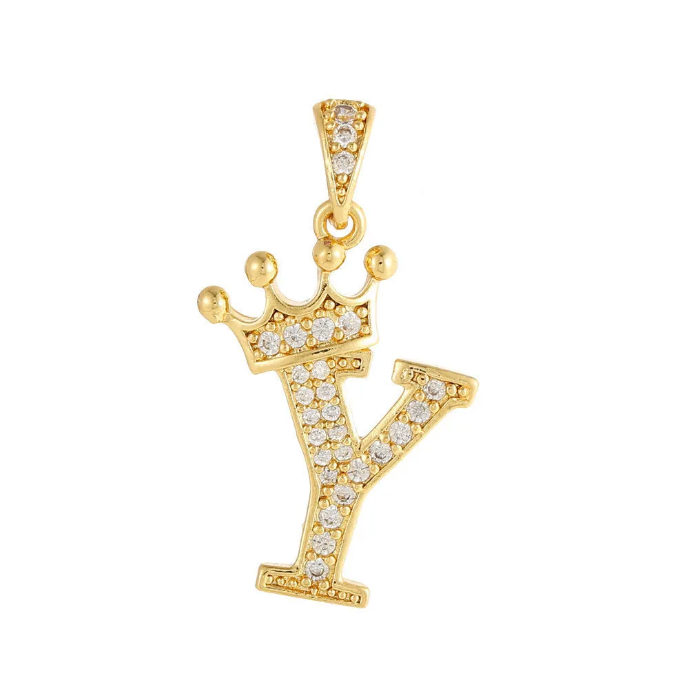 Gold plated copper letter A pendant with inlaid zircon crown and diamond cut surface on white background