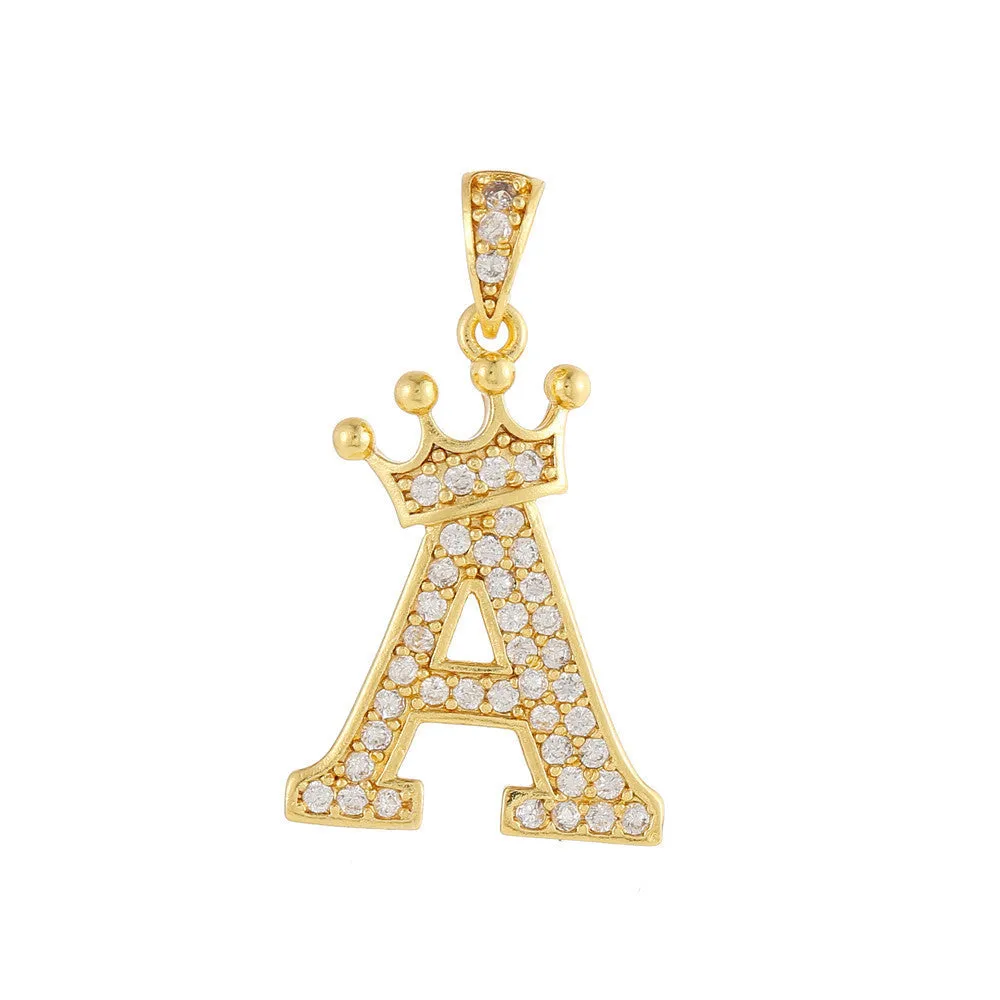 Gold plated copper letter A pendant with inlaid zircon crown and diamond cut surface on white background
