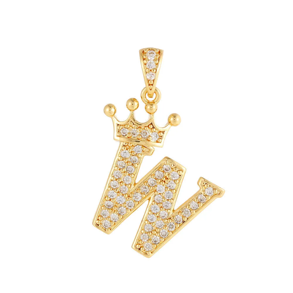Gold plated copper letter A pendant with inlaid zircon crown and diamond cut surface on white background