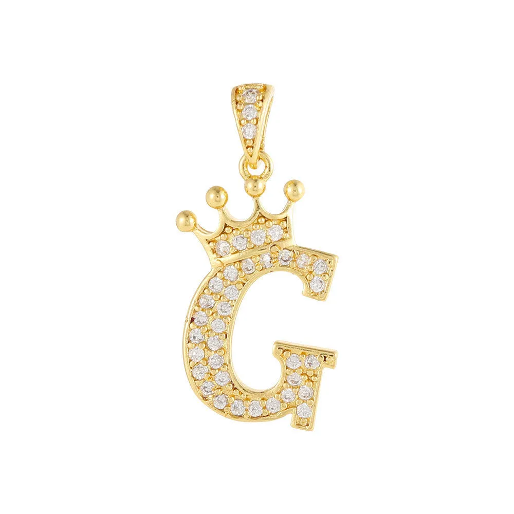 Gold plated copper letter A pendant with inlaid zircon crown and diamond cut surface on white background