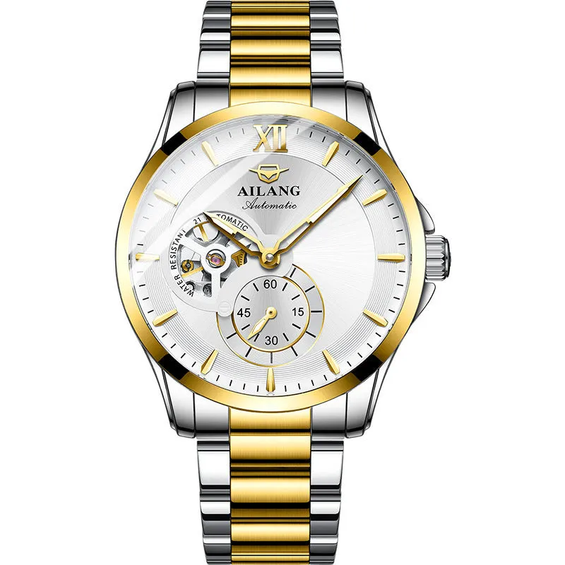 Men's mechanical watch with hollow dial, 41mm alloy case, steel strap, and butterfly clasp