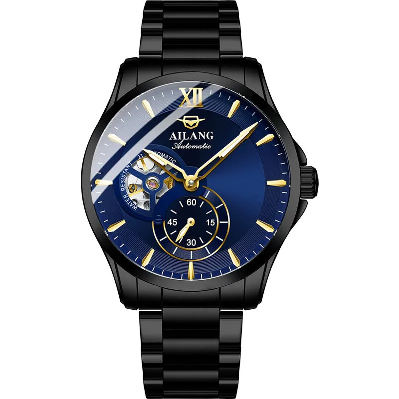 Men's mechanical watch with hollow dial, 41mm alloy case, steel strap, and butterfly clasp