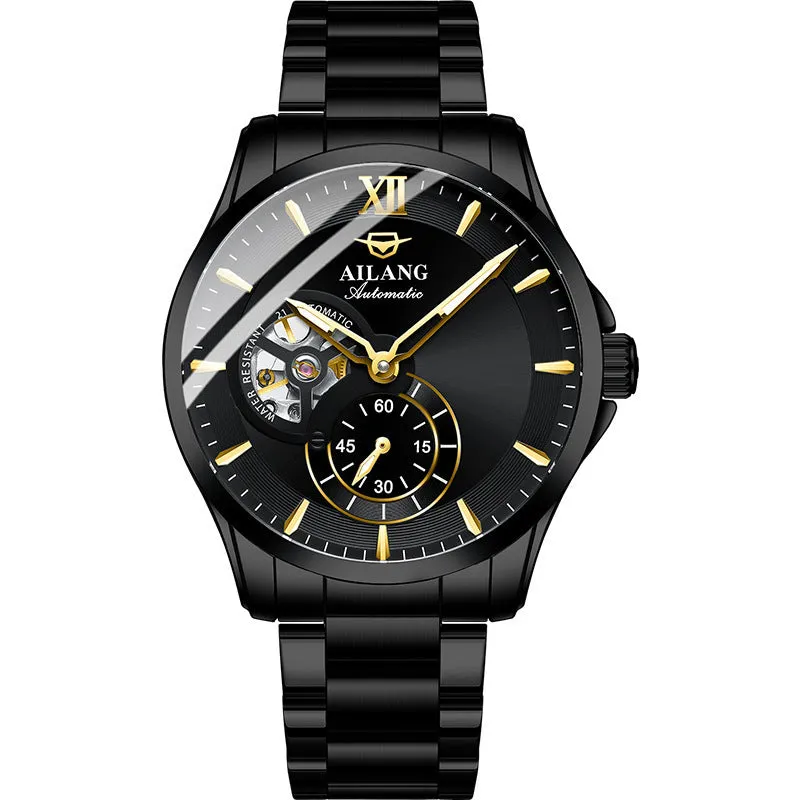 Men's mechanical watch with hollow dial, 41mm alloy case, steel strap, and butterfly clasp