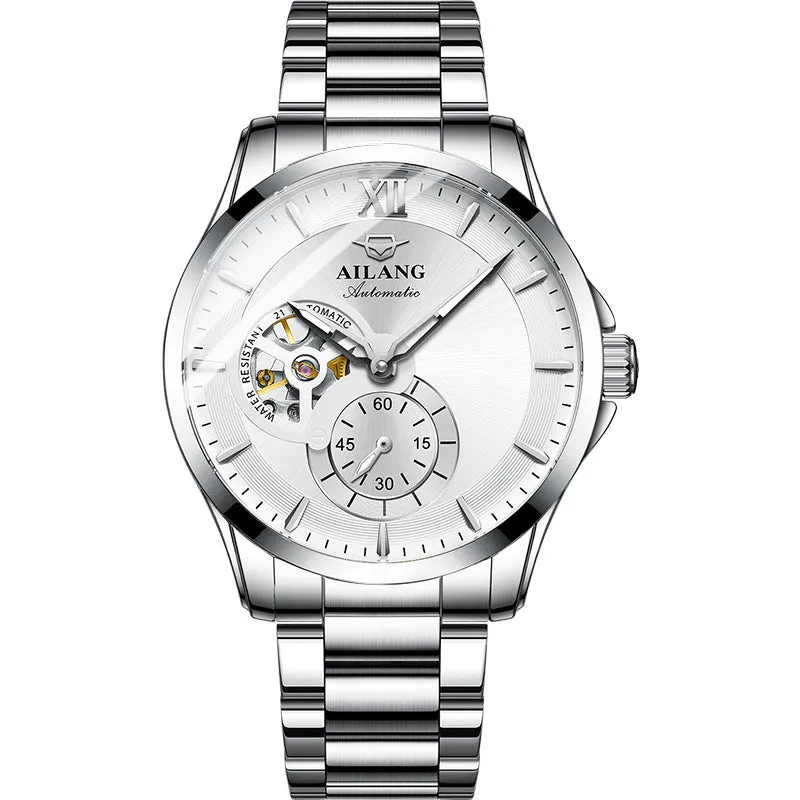 Men's mechanical watch with hollow dial, 41mm alloy case, steel strap, and butterfly clasp