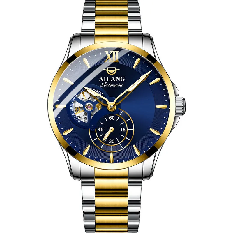 Men's mechanical watch with hollow dial, 41mm alloy case, steel strap, and butterfly clasp