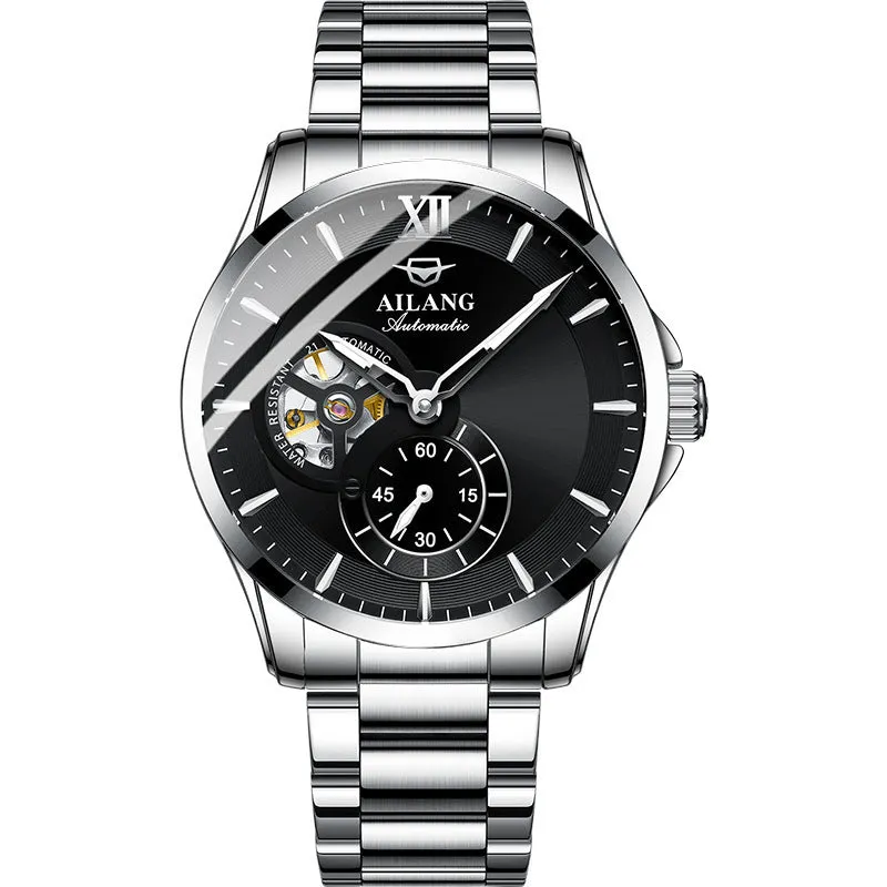 Men's mechanical watch with hollow dial, 41mm alloy case, steel strap, and butterfly clasp