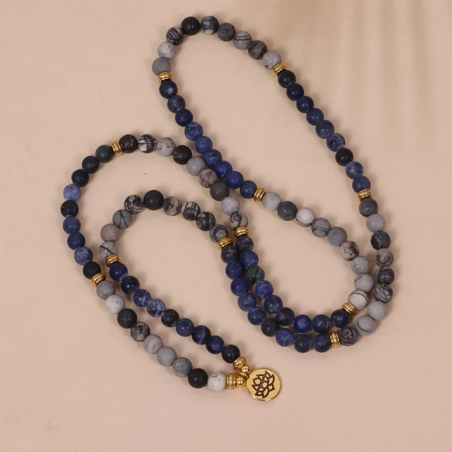 Blue patterned network stone bead multi layer bracelet with alloy construction