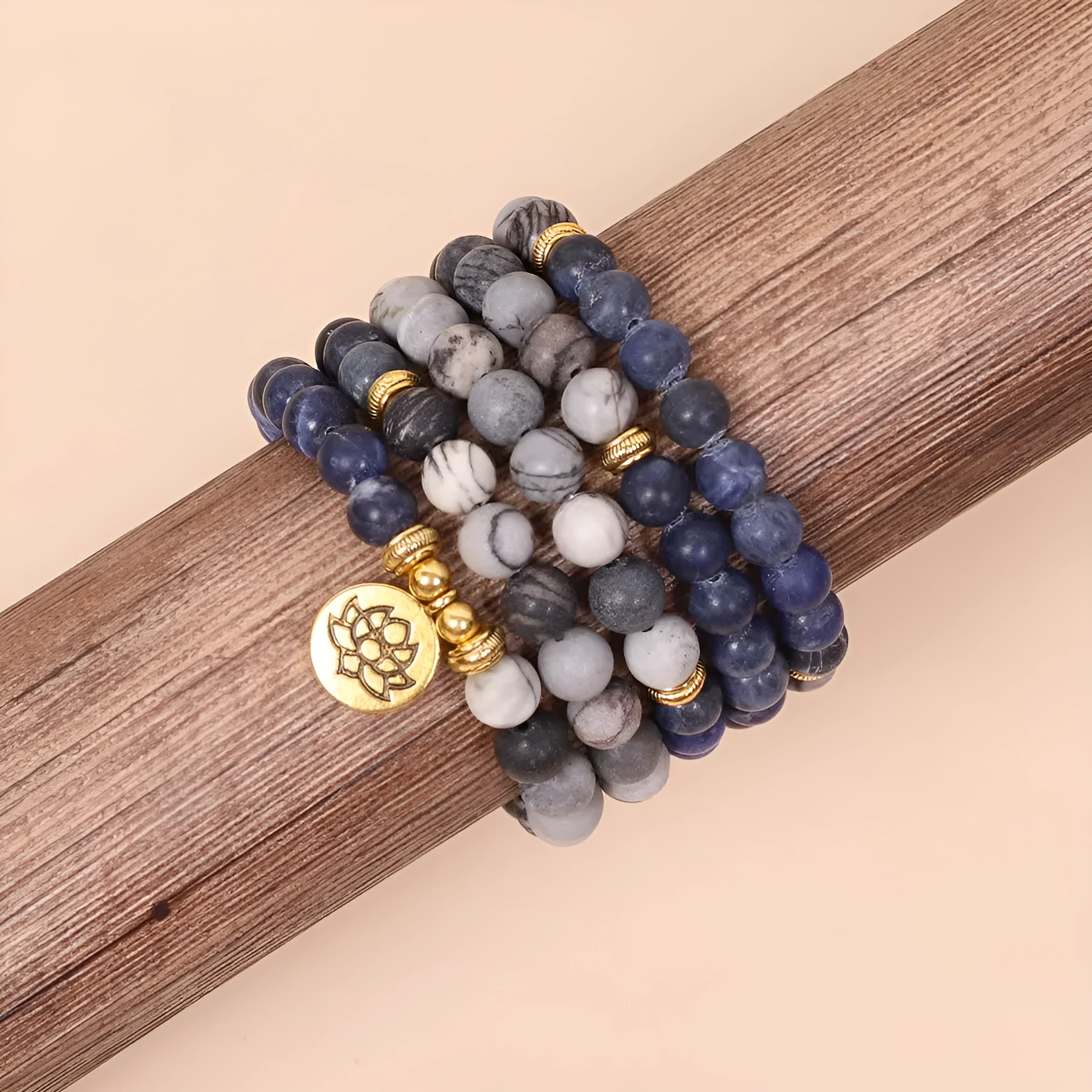 Blue patterned network stone bead multi layer bracelet with alloy construction