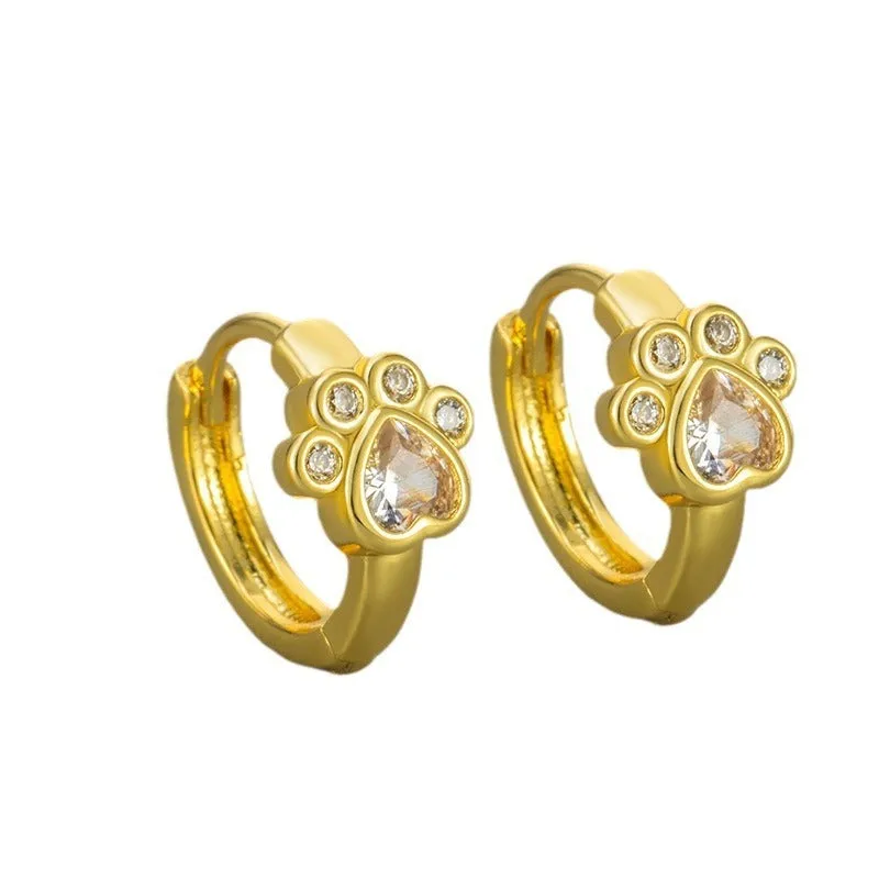 Cat paw zircon ear studs in gold and white gold copper finish