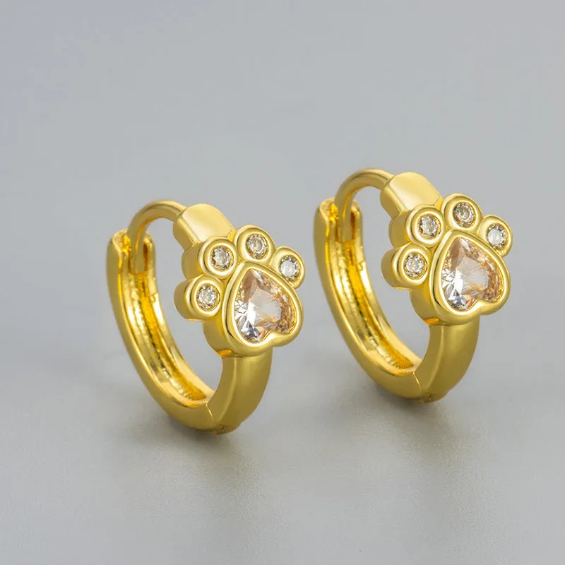 Cat paw zircon ear studs in gold and white gold copper finish