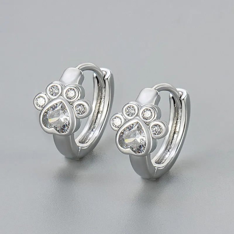 Cat paw zircon ear studs in gold and white gold copper finish