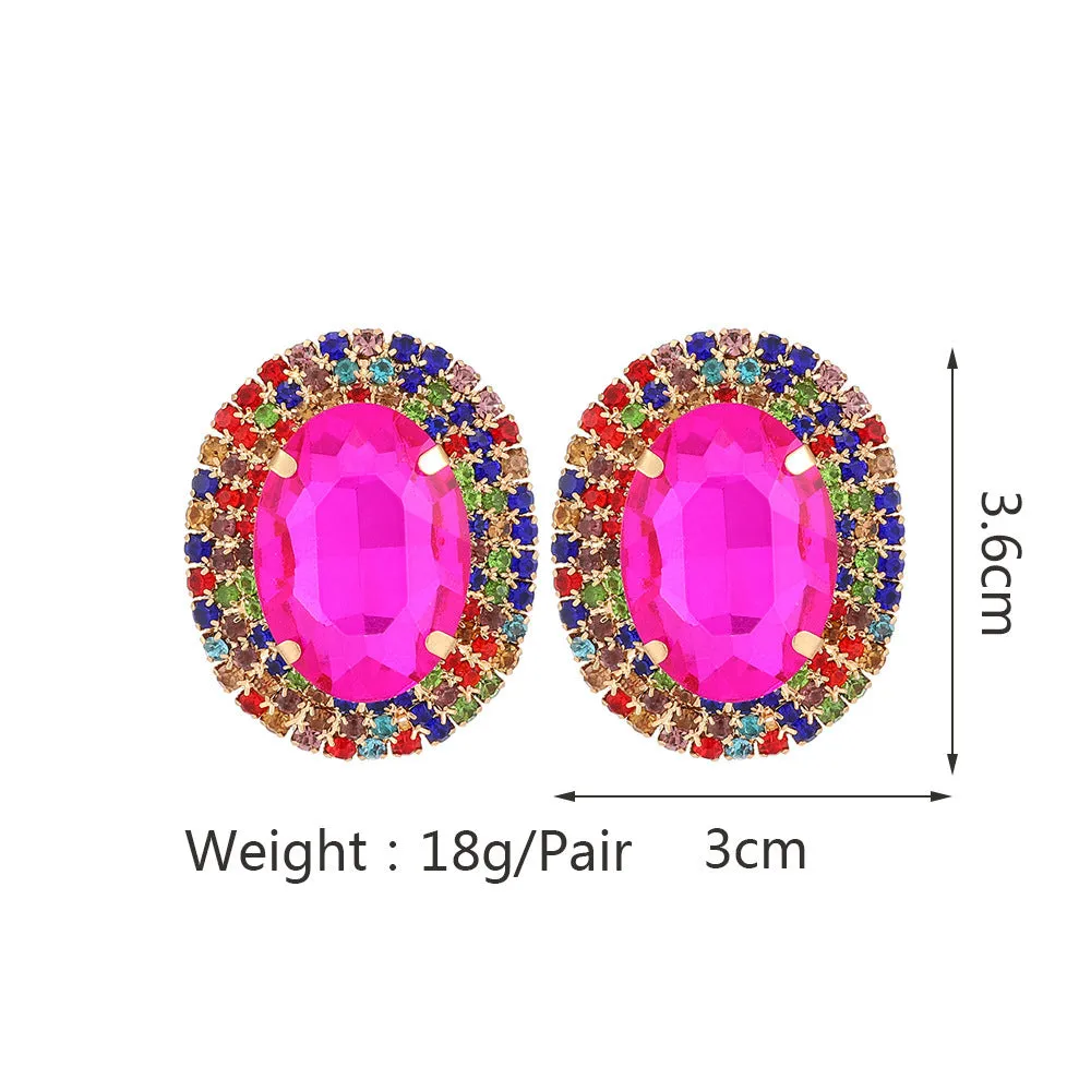 Women's oval rhinestone ear studs in eight colours including red, green, purple, black, white, pink, champagne, and AB finish