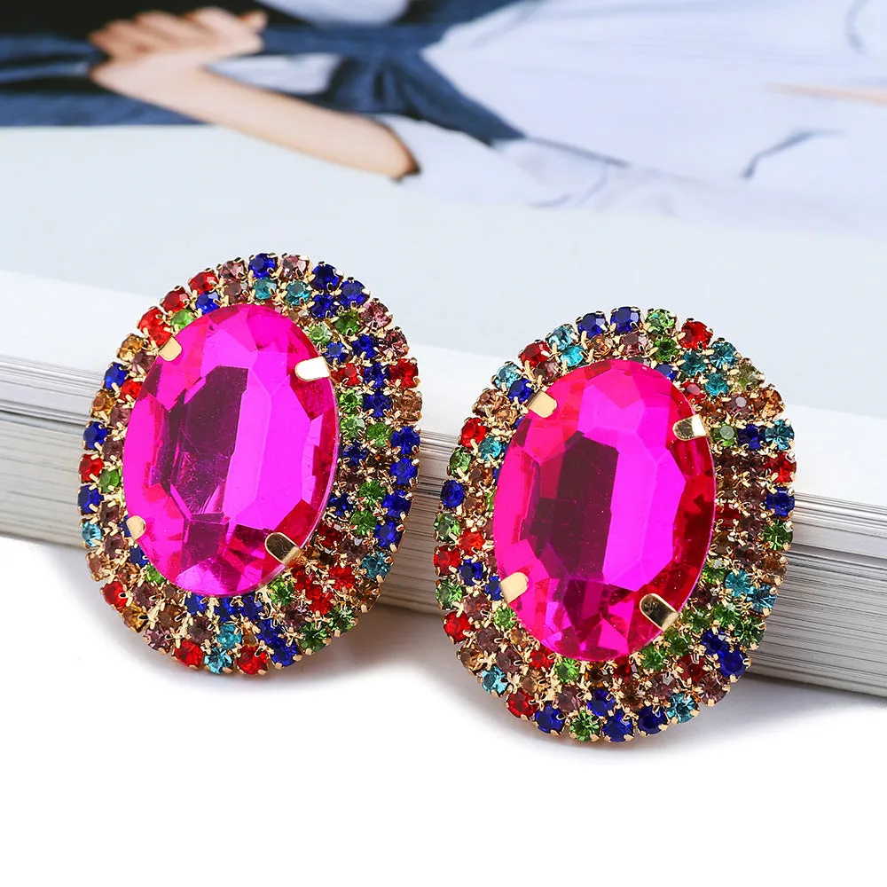 Women's oval rhinestone ear studs in eight colours including red, green, purple, black, white, pink, champagne, and AB finish