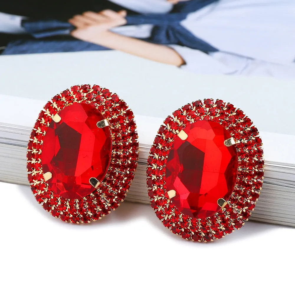 Women's oval rhinestone ear studs in eight colours including red, green, purple, black, white, pink, champagne, and AB finish