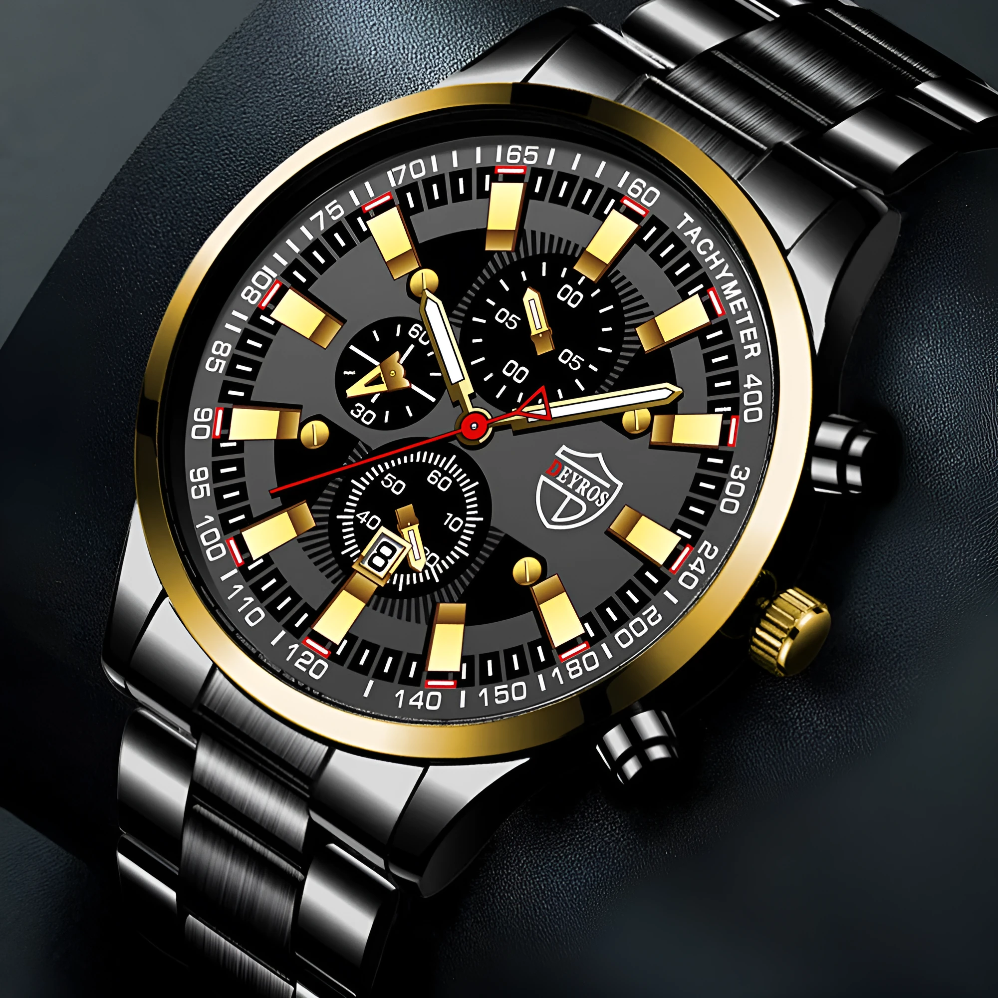 Men's stainless steel luminous quartz wristwatch with 42mm dial, calendar, and 24-hour indication on a white background