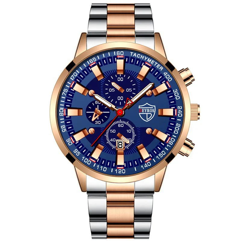 Men's stainless steel luminous quartz wristwatch with 42mm dial, calendar, and 24-hour indication on a white background