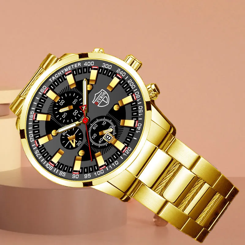 Men's stainless steel luminous quartz wristwatch with 42mm dial, calendar, and 24-hour indication on a white background