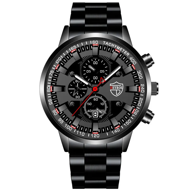 Men's stainless steel luminous quartz wristwatch with 42mm dial, calendar, and 24-hour indication on a white background