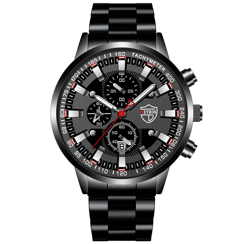Men's stainless steel luminous quartz wristwatch with 42mm dial, calendar, and 24-hour indication on a white background