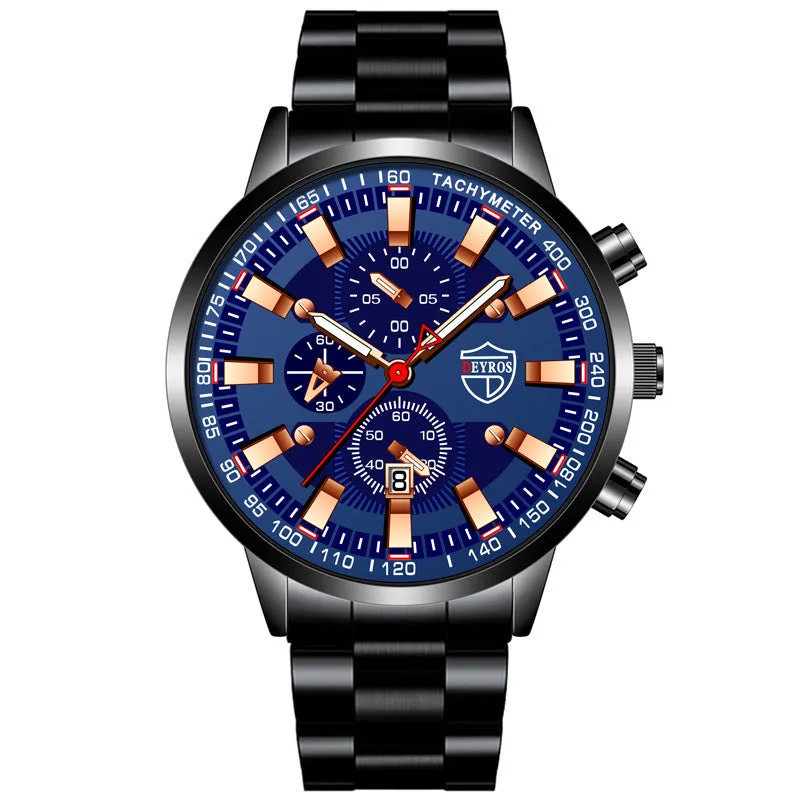 Men's stainless steel luminous quartz wristwatch with 42mm dial, calendar, and 24-hour indication on a white background