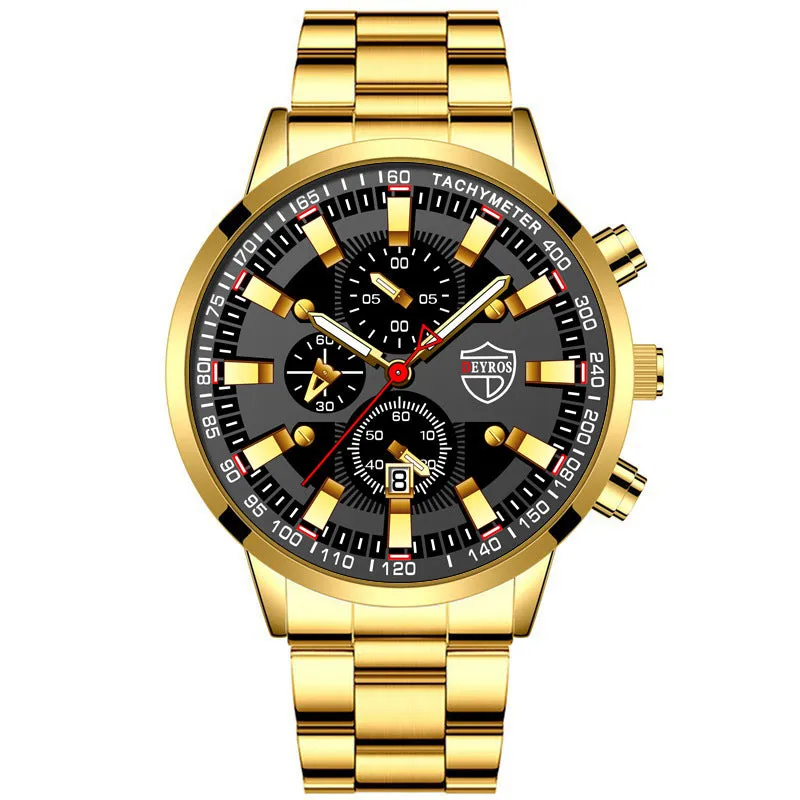 Men's stainless steel luminous quartz wristwatch with 42mm dial, calendar, and 24-hour indication on a white background