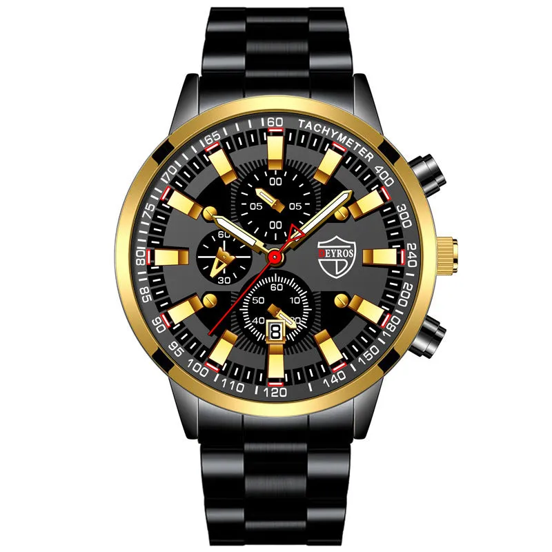 Men's stainless steel luminous quartz wristwatch with 42mm dial, calendar, and 24-hour indication on a white background