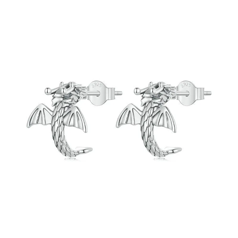 Women's handmade 925 silver oxidised flying dragon stud earrings, retro style, 13mm