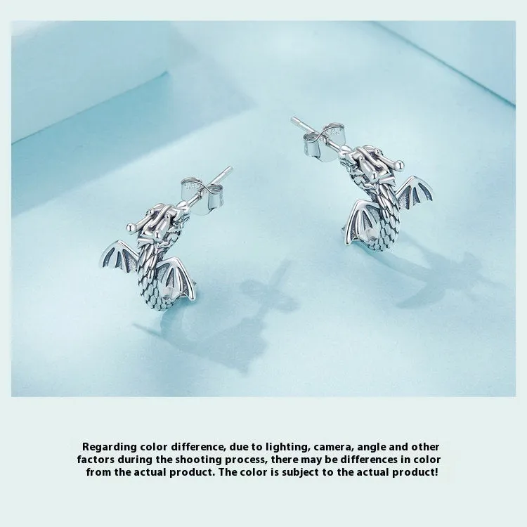 Women's handmade 925 silver oxidised flying dragon stud earrings, retro style, 13mm