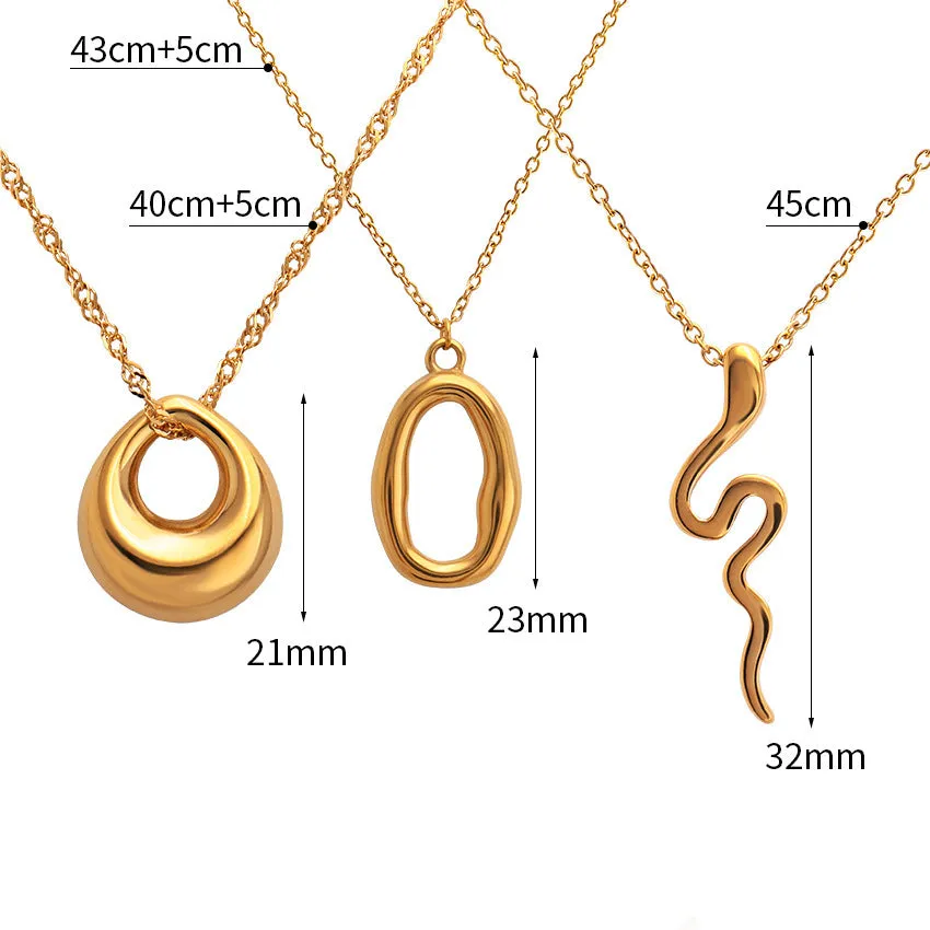 Stainless steel snake bones chain necklace with geometric glossy ring pendant in golden irregular ring finish