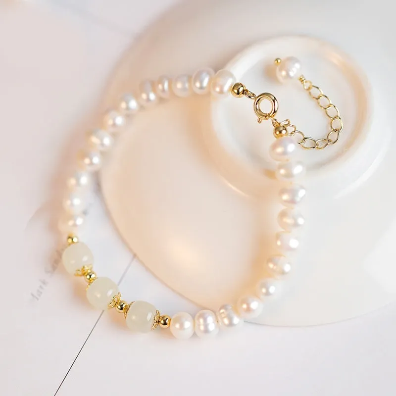 Korean style freshwater pearl bracelet with diamond-shaped beads in Hetian jade green colour.
