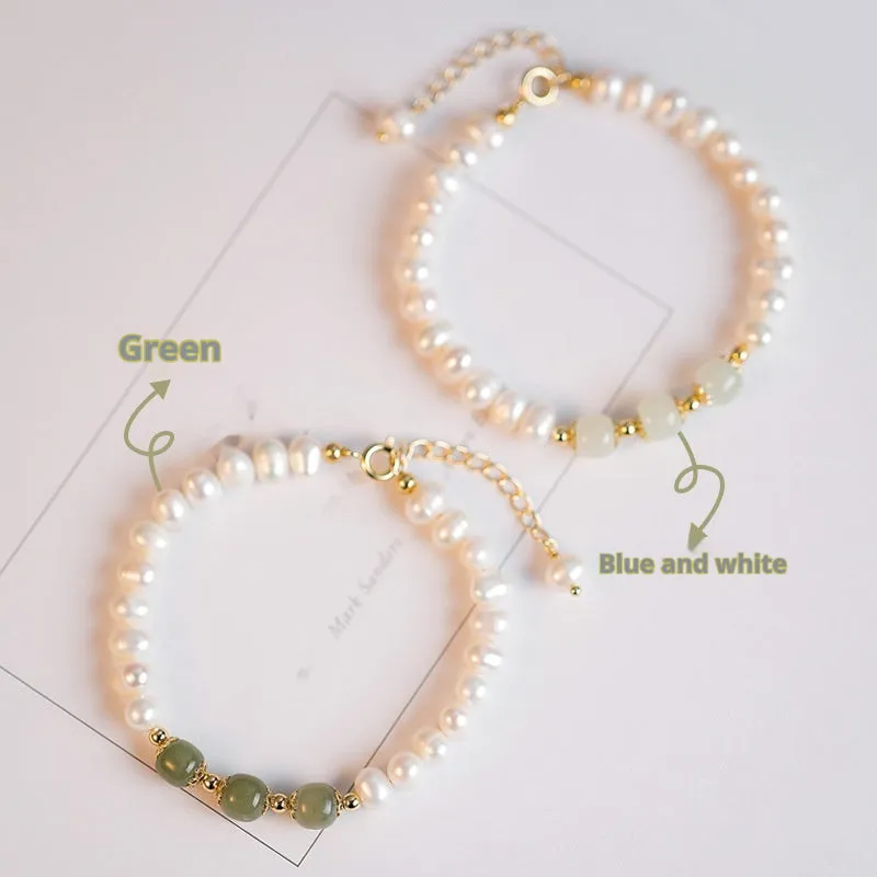 Korean style freshwater pearl bracelet with diamond-shaped beads in Hetian jade green colour.