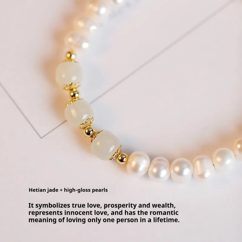 Korean style freshwater pearl bracelet with diamond-shaped beads in Hetian jade green colour.