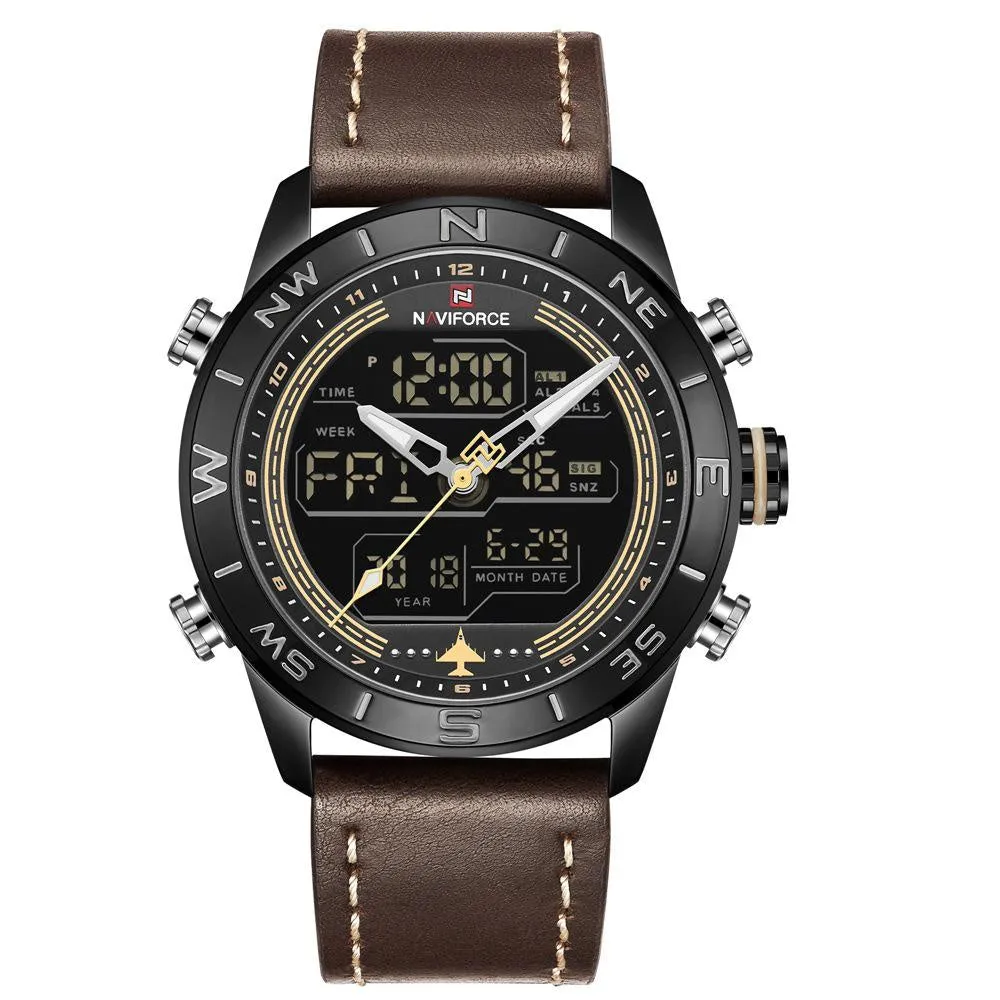 NAVIFORCE Lingxiang 9144 men's watch with black dial, leather strap, and alloy case