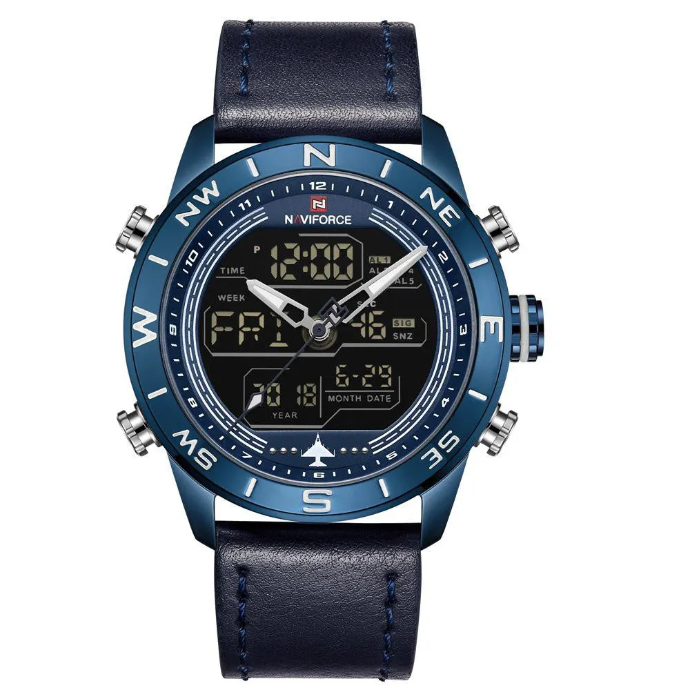 NAVIFORCE Lingxiang 9144 men's watch with black dial, leather strap, and alloy case